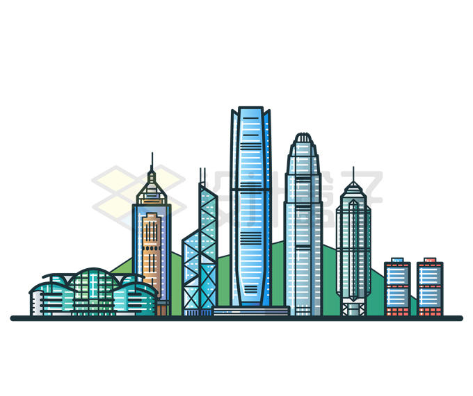 卡通香港城市高楼大厦地平线建筑群9181045矢量图片免抠素材 建筑装修-第1张