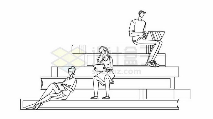 坐在书本阶梯上的学生学霸线条简笔画4417825矢量图片免抠素材