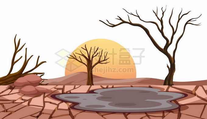 强烈太阳下枯树干涸的泥塘和地面干裂干旱旱灾8683370矢量图片免抠素材 生物自然-第1张