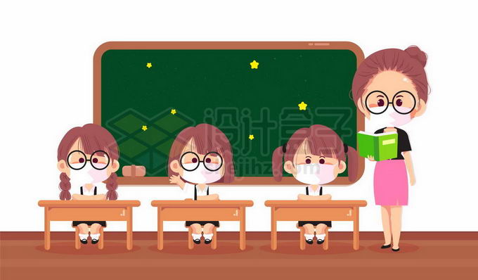 教师节戴口罩的卡通老师和学生坐在黑板前认真听课2945764矢量图片免
