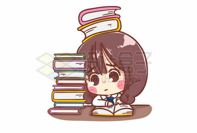 爱学习的超可爱卡通小女孩阅读厚厚的书本书籍图书9834