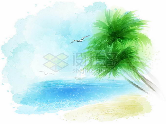 蓝色的海面和沙滩以及椰子树风景水彩画油画插画9363736矢量图片免抠素材免费下载 生物自然-第1张