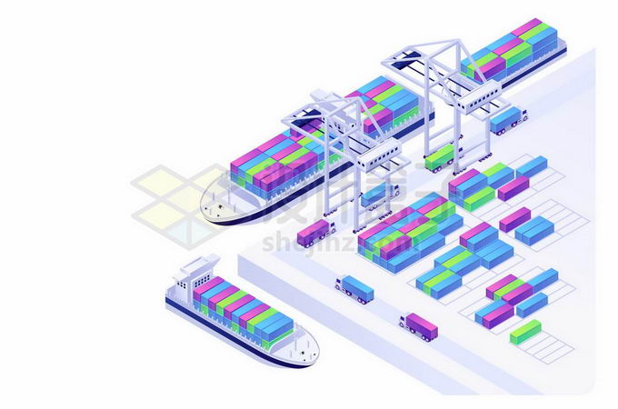 3D立体风格繁忙的洋山港集装箱码头港口货轮和集装箱装卸桥9972076矢量图片免抠素材 交通运输-第1张