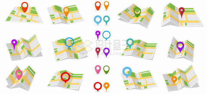 12款展开的地图和彩色定位标志旅游地图1414944矢量图片免抠素材免费下载 科学地理-第1张