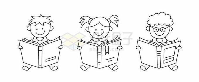 3款卡通儿童抱着书本在阅读简笔画4186459矢量图片免抠素材 教育文化-第1张