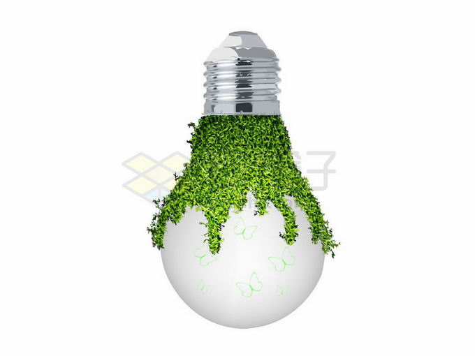 绿色树叶藤蔓覆盖的白炽灯泡象征了清洁能源5322689矢量图片免抠素材 工业农业-第1张