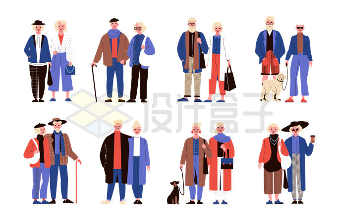 8款相互搀扶的老人老夫妻扁平插画4119703矢量图片免抠素材 人物素材-第1张
