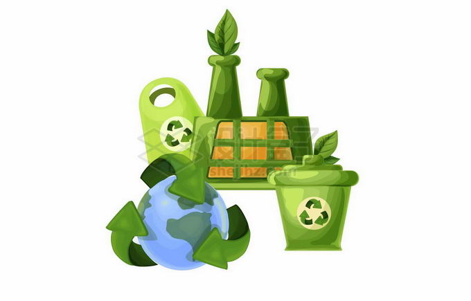 绿色的工厂垃圾桶和地球象征了保护环境7401978矢量图片免抠素材 工业农业-第1张