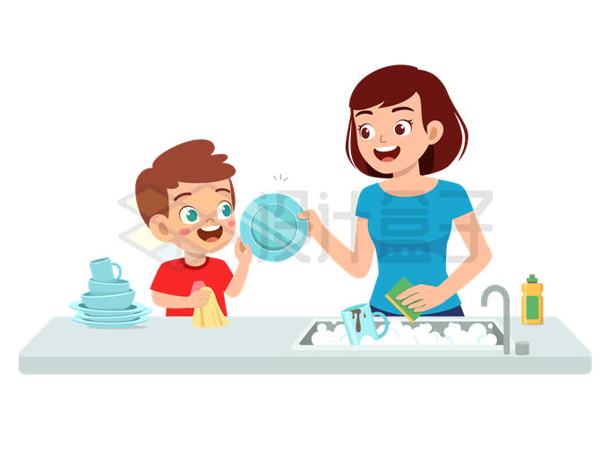 卡通小男孩和妈妈一起洗碗做家务2218538矢量图片免抠素材 生活素材-第1张