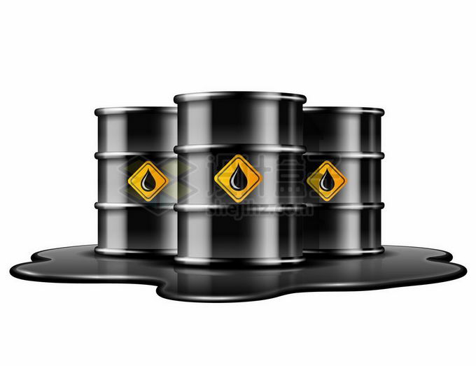 3个黑色的石油桶铁桶和流淌出来的石油泄漏污染6433886矢量图片免抠素材 工业农业-第1张