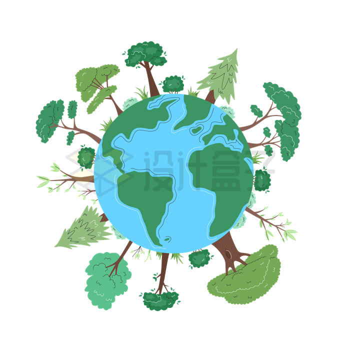 设计盒子/素材用途/生物自然/手绘风格地球上的大树保护地球儿童插画