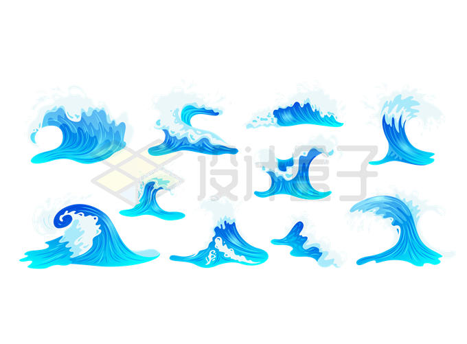 各种蓝色的卡通波浪海浪浪花装饰7690224矢量图片免抠素材 效果元素-第1张