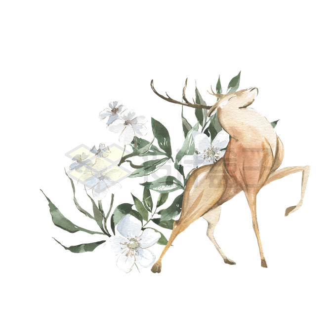 鲜花从中的雄鹿九色鹿传说水彩插画7563781矢量图片免抠素材 生物自然-第1张