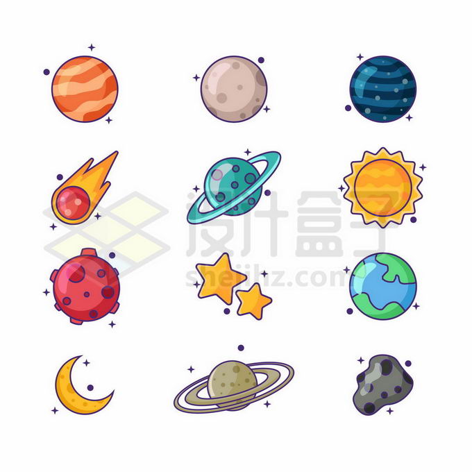 12款卡通星球流星太阳月球陨石等天文宇宙天体图标9519798矢量图片免抠素材 科学地理-第1张