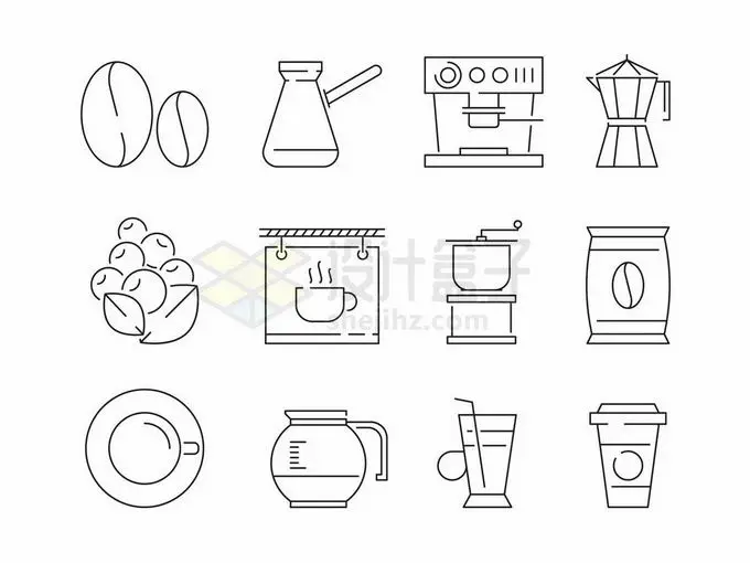 线条风格咖啡豆咖啡机等喝咖啡的道具1865877矢量图片免抠素材 图标-第1张