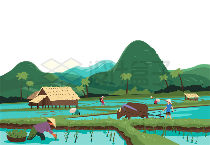 青山下的水稻田和农忙的农民插画4793442矢量图片免抠素材 生物自然-第1张