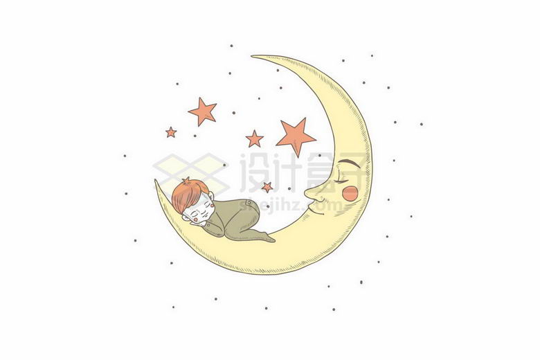 卡通小男孩趴在弯月上睡觉晚安晚上好儿童插画3592422矢量图片免抠素材 休闲娱乐-第1张
