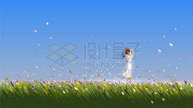 草地上的被风轻拂白裙子的少女唯美背景插画1726473矢量图片免抠素材 背景-第1张