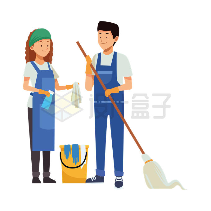 卡通男人女人清洁工保洁员拿着拖把和手套5534714矢量图片免抠素材 人物素材-第1张