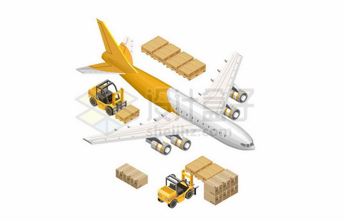 3D风格黄色货运飞机正在等待装载货物8523562矢量图片免抠素材 交通运输-第1张