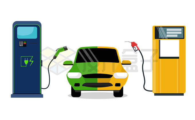卡通汽车使用电能还是汽油象征了新能源汽车的普及和选择1380452矢量图片免抠素材 交通运输-第1张