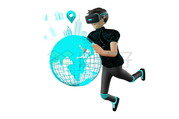 卡通年轻人戴着VR眼镜体验虚拟现实技术地球3D模型2178597PSD免抠图片素材 IT科技-第1张