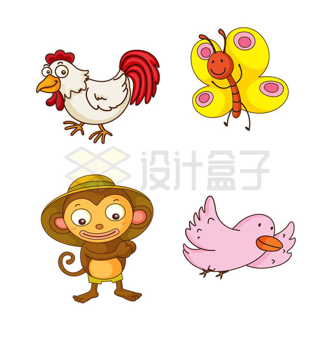 卡通老母鸡蝴蝶猴子和小鸟儿童画3648873矢量图片免抠素材 生物自然-第1张