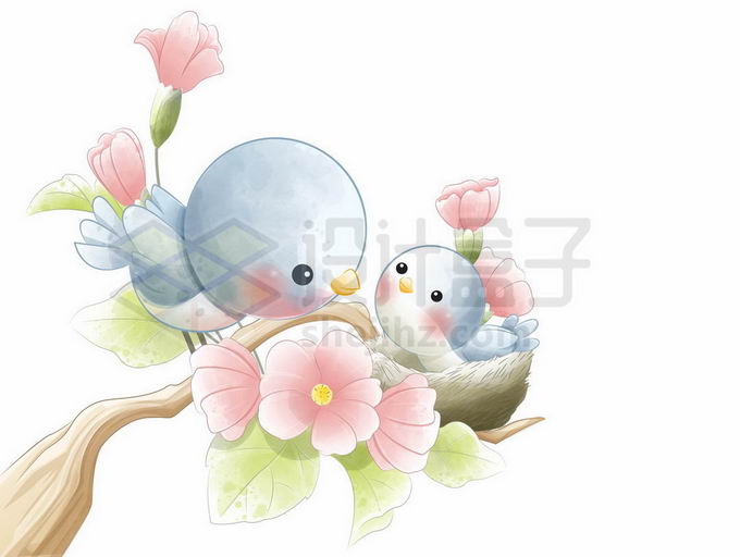 枝头上卡通鸟妈妈和小鸟宝宝儿童插画6432775矢量图片免抠素材 生物自然-第1张