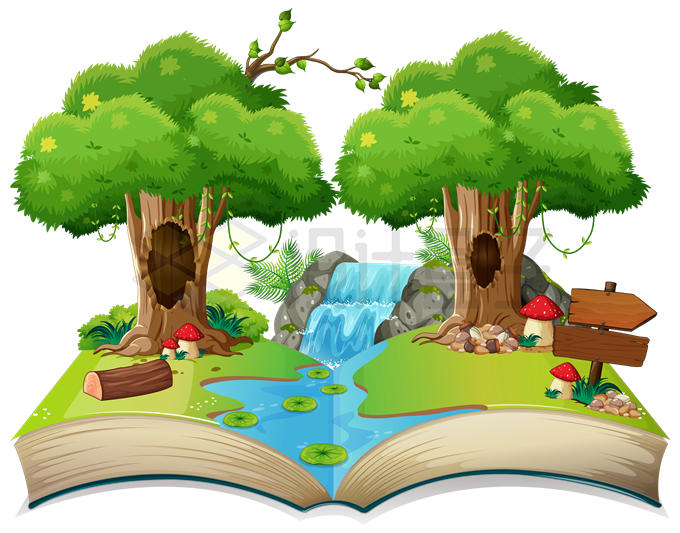 翻开书本上的小溪大树和草地风景图3435657矢量图片免抠素材 生物自然-第1张