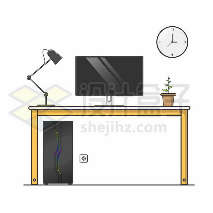 卡通电脑桌桌面上的电脑显示器台灯和下面的机箱2526172矢量图片免抠素材 IT科技-第1张