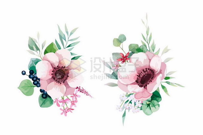 2款粉红色花朵鲜花绿叶装饰水彩画3772501矢量图片免抠素材 生物自然-第1张
