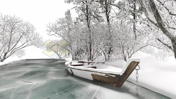 冬天结冰的小河上被积雪覆盖的小船和森林5047617图片免抠素材 生物自然-第1张