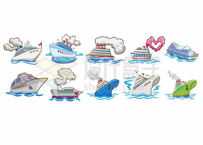 10款冒烟的卡通轮船儿童画7060607矢量图片免抠素材 交通运输-第1张