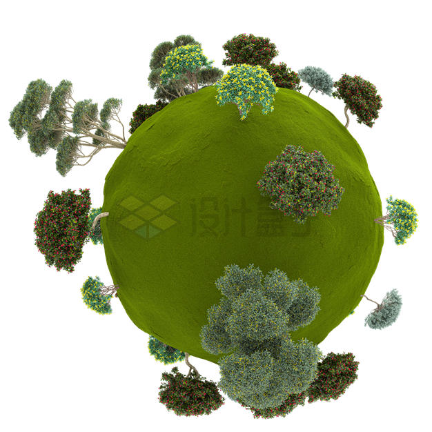 鱼眼效果的草地和果树风景微型星球3D模型7462813PSD免抠图片素材 生物自然-第1张