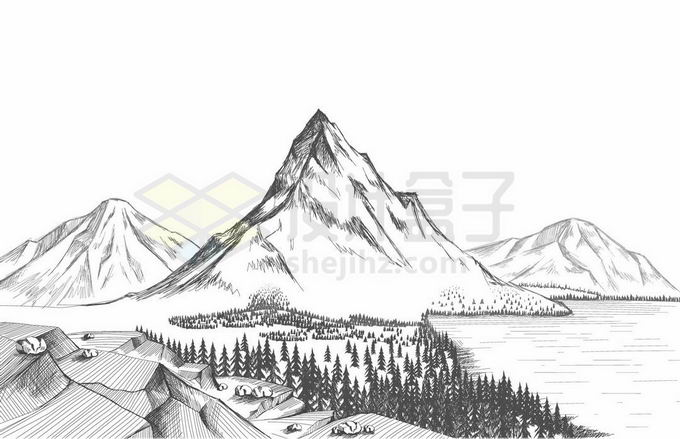 远处的大山湖泊和森林手绘铅笔插画风景7264417矢量图片免抠素材 生物自然-第1张