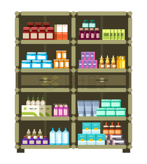 药柜上的各种医疗用品和药品4610436矢量图片免抠素材 健康医疗-第1张