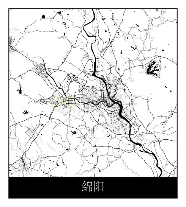 黑白色高清绵阳市地图卫星地图6699479矢量图片免抠素材 科学地理-第1张