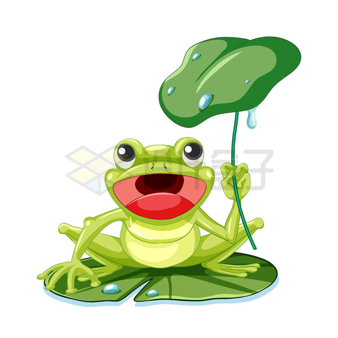 下雨天卡通小青蛙拿着一个荷叶挡雨1806683矢量图片免抠素材 生物自然-第1张