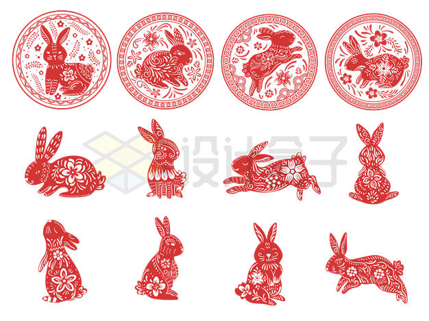 12款2023年兔年小兔子红色剪纸图案2101227矢量图片免抠素材 节日素材-第1张