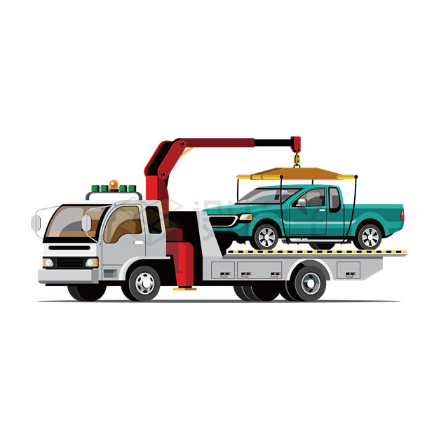 拖车救援车驮着一辆绿色故障皮卡车3719592矢量图片免抠素材 交通运输-第1张