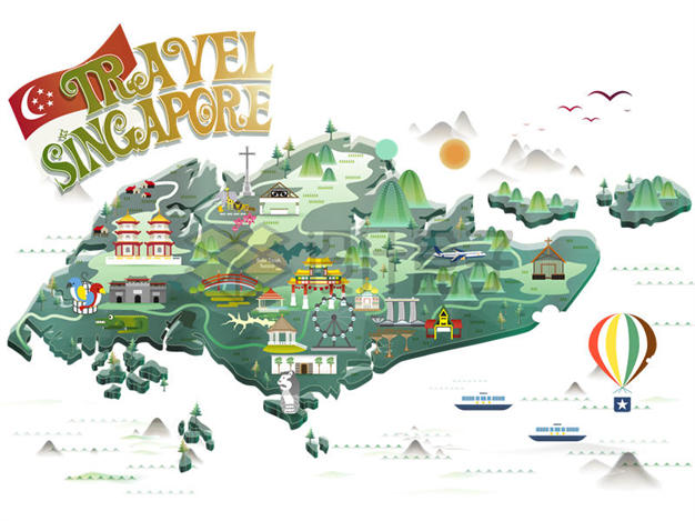 卡通手绘风格新加坡旅游地图热门景点7481873矢量图片免抠素材 科学地理-第1张