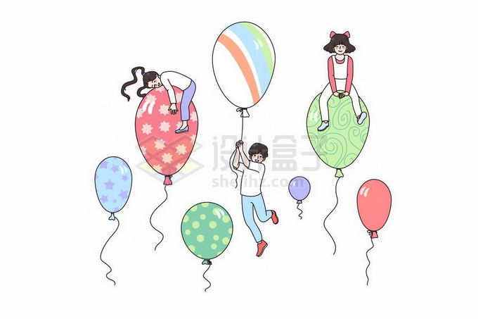 卡通儿童随着彩色气球升空线条插画5794526矢量图片免抠素材 休闲娱乐-第1张