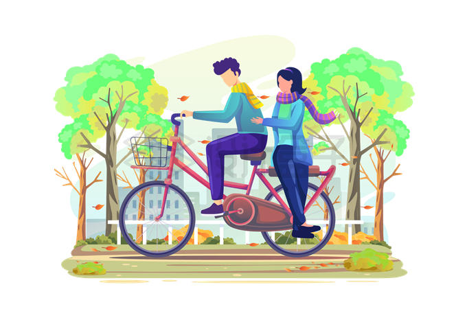 卡通男孩骑自行车带着女孩在公园里骑行插画9778619矢量图片免抠素材 休闲娱乐-第1张