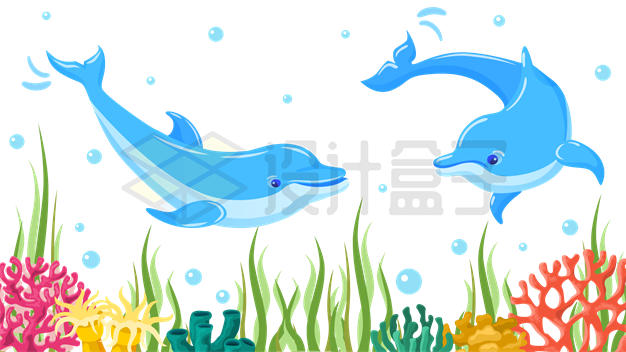 海底世界中游泳的卡通蓝色海豚6282889矢量图片免抠素材 生物自然-第1张