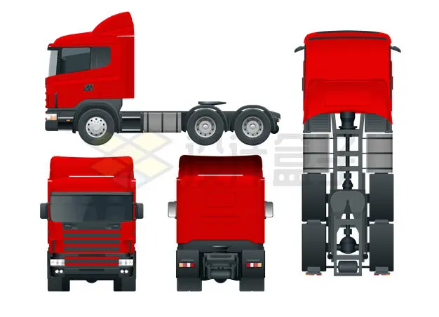 4个不同角度的红色卡车头侧视图前视图后视图俯视图6885880矢量图片免抠素材 交通运输-第1张