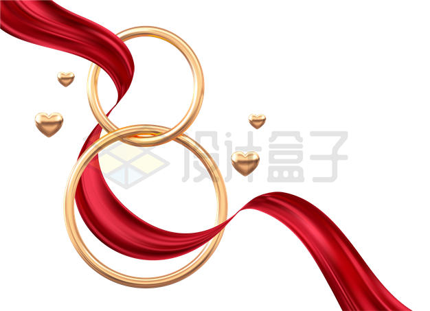 三八妇女节红色丝带丝绸和两个套在一起的铜环圆环4313301矢量图片免抠素材 装饰素材-第1张