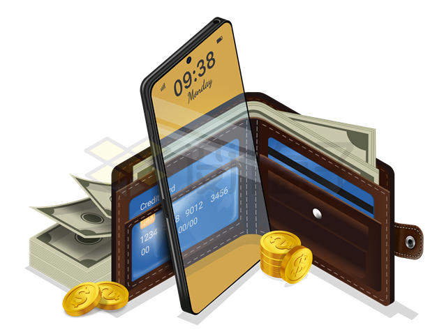 纸币金币钱包和手机2549016矢量图片免抠素材 金融理财-第1张