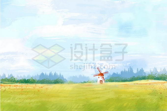 乡下农村大草原风车和远处的森林风景水彩画油画风格8987851矢量图片免抠素材 生物自然-第1张