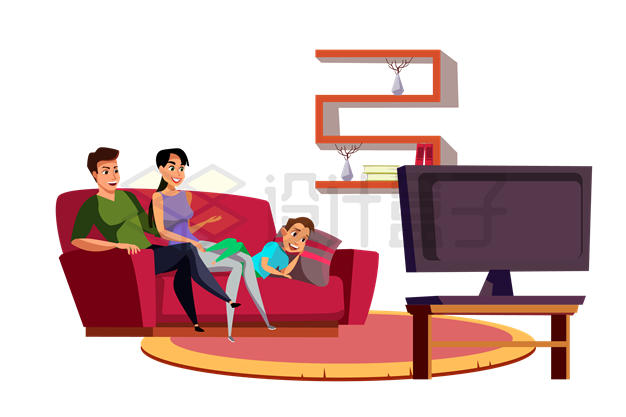卡通一家三口坐在沙发上看电视7528846矢量图片免抠素材 休闲娱乐