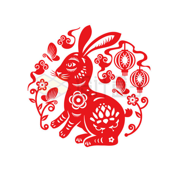 红色2023年兔年新年春节兔子剪纸装饰3521858矢量图片免抠素材 节日素材-第1张